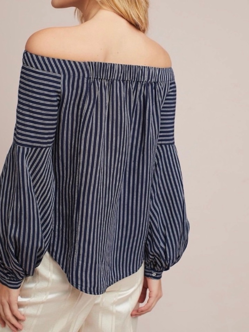 Maeve Anthropologie Blouse Linen Blend Top Off Cold Shoulder Navy Blue US 2